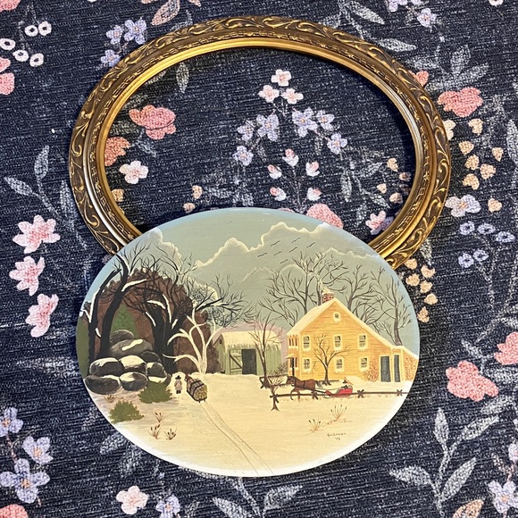 Vintage Winter Scene Oval 18” x 14” Framed original Painting signed - Picture 10 of 12